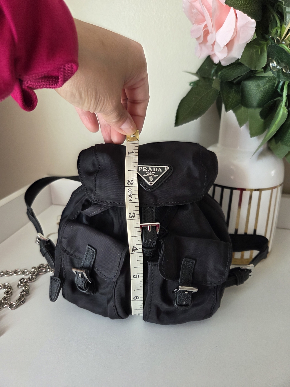 Prada Mini Re- Nylon Backpack Chain Crossbody Bag Silver /black - Picture 10 of 16